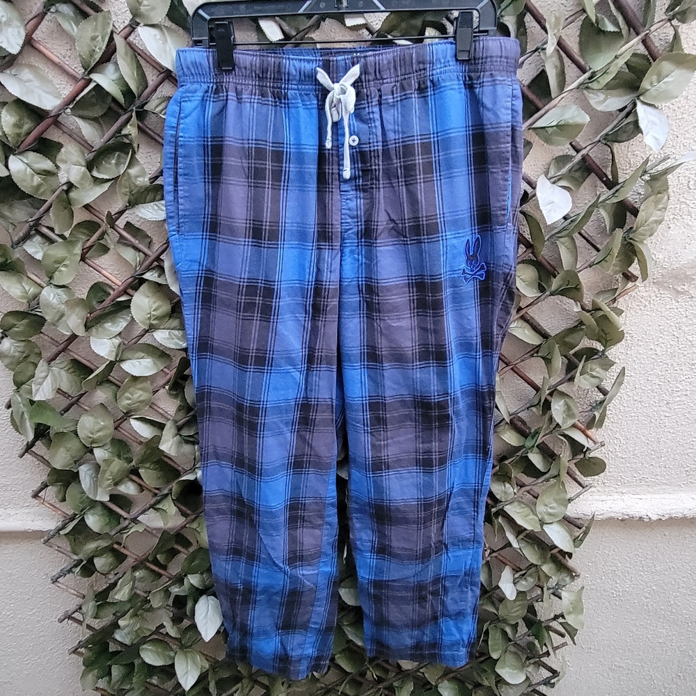 Psycho Bunny Pajama Pants Mens Size Medium Loungewear Plaid Blue Black
